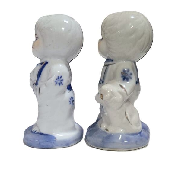 2-Vintage Porcelain Figurines Blue & White Boy w/Dog & Girl w/Cat Collectible - Picture 5 of 9